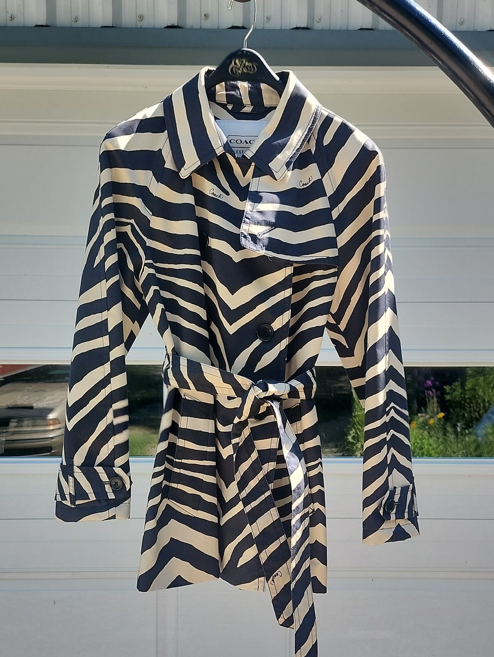 Coach Black and Cream Striped Belted Trench